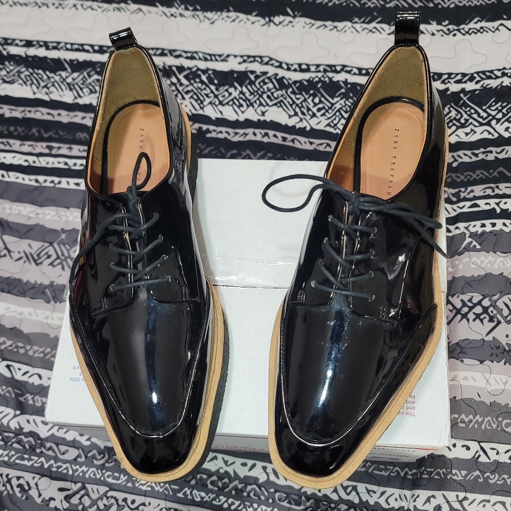 Zara Trafaluc - Ladies Black Patent Leather Platform Oxford Shoes Size 41 US 10